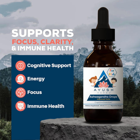Ayush Herbs Ashwagandha Kids Drops – 2 Fl Oz | Natural Stress Relief & Immune Support for Children