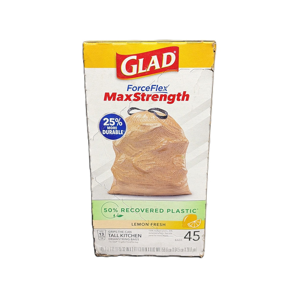 Glad ForceFlex Plus Kitchen 50% Recovered Plastic 13 Gallon Drawstring Bags, 45 Count