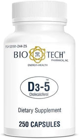 Bio-Tech Pharmacal D3-5 (5000 IU), 250 Capsules – All-Natural Supplement – Supports Bone & Immune Health – No Dairy, Fish, Gluten, Peanut, Shellfish, & Soy – No Artificial Colors