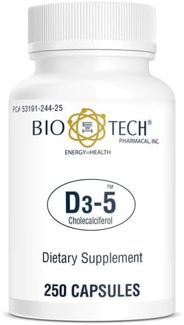 Bio-Tech Pharmacal D3-5 (5000 IU), 250 Capsules – All-Natural Supplement – Supports Bone & Immune Health – No Dairy, Fish, Gluten, Peanut, Shellfish, & Soy – No Artificial Colors