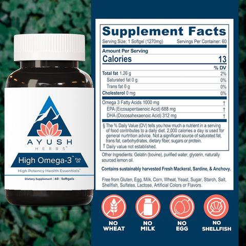 Ayush Herbs High Omega 3 – 60 Softgels | Supports Heart & Brain Health