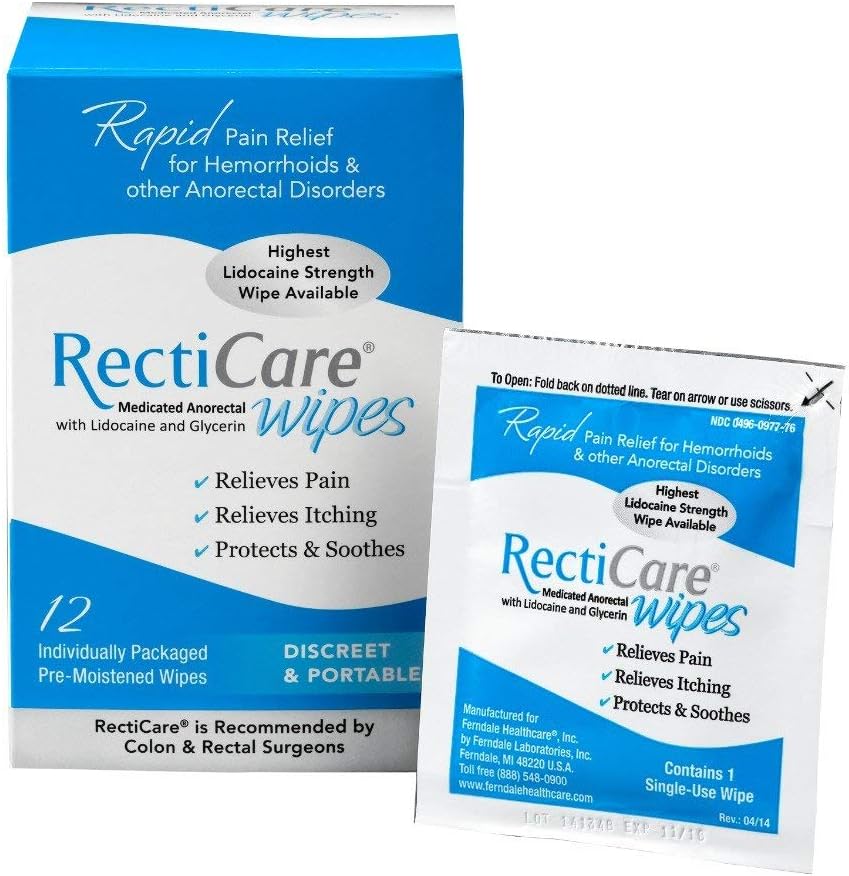 RectiCare Medicated Anorectal Wipes 5% Lidocaine & Glycerin 12 Pack
