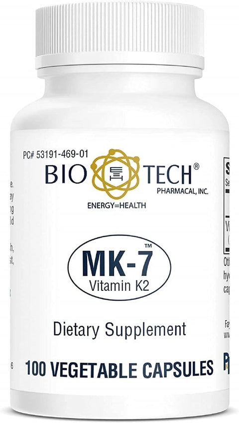 Bio-Tech Pharmacal MK-7 (Vitamin K2), 100 Vegetable Capsules All-Natural Supplement Supports Cardiovascular & Bone Health No Dairy