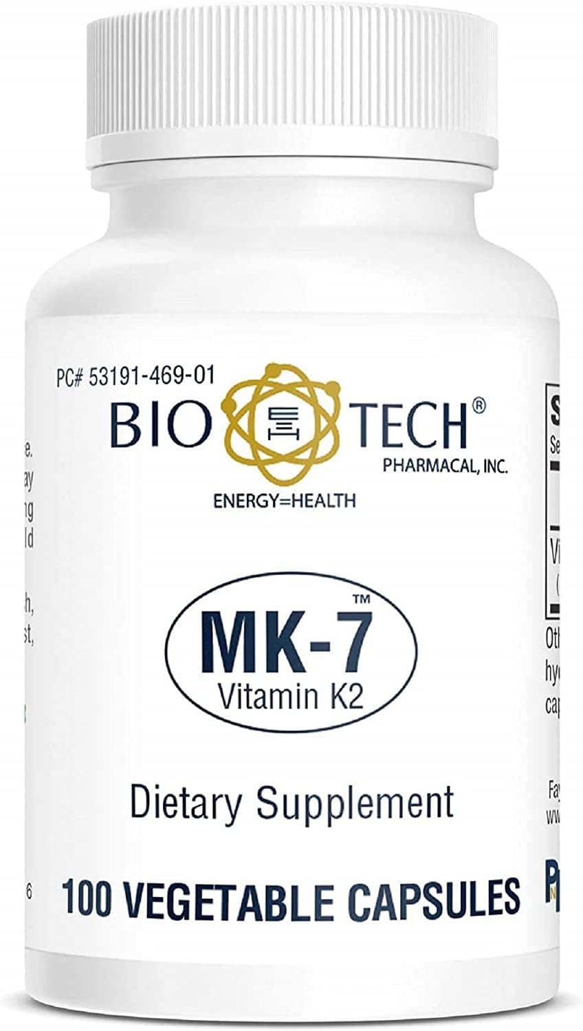Bio-Tech Pharmacal MK-7 (Vitamin K2), 100 Vegetable Capsules All-Natural Supplement Supports Cardiovascular & Bone Health No Dairy, Fish, Gluten, Peanut, Shellfish, GMOs, Kosher, Halal, & Soy