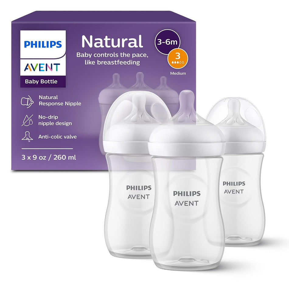 Avent - 3Pk Natural Baby Bottle With Natural Response Nipple, Clear, 9Oz