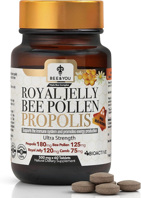 Bee and You Royal Jelly Tablet, Propolis Extract, Bee Pollen, 100% Natural Superfood, 60ct