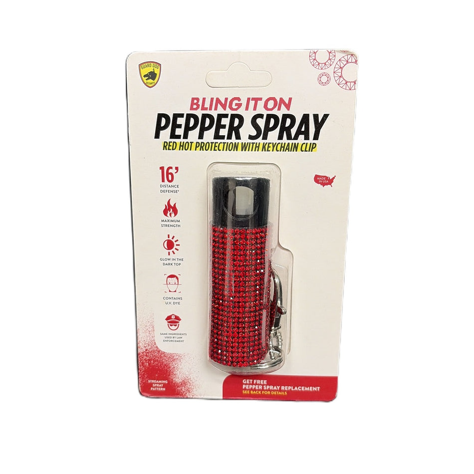 Pepper Spray with Safety Twist Top Glow-in-Dark, 16 ft Range, Red Rhinestone Design Pepper Spray Keychain, Self Defense by Guard Dog Security, 1 Pack