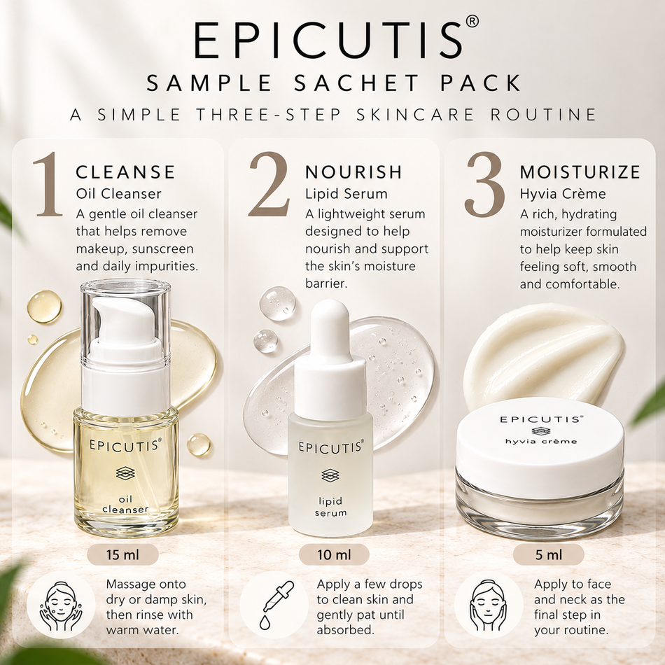 Epicutis Sample Sachet Pack – Oil Cleanser 15ml, Lipid Serum 10ml & Hyvia Crème 5ml