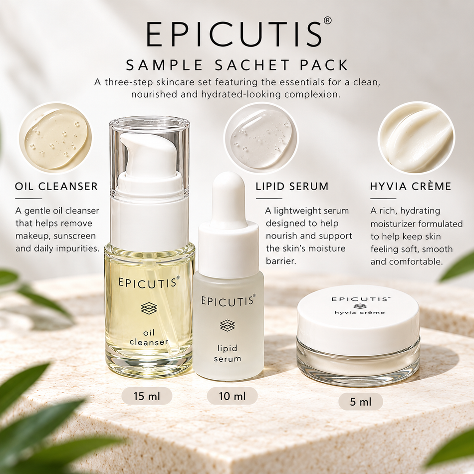Epicutis Sample Sachet Pack – Oil Cleanser 15ml, Lipid Serum 10ml & Hyvia Crème 5ml