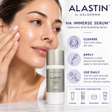 ALASTIN HA IMMERSE Serum 15 mL travel-size hyaluronic acid facial serum with woman applying serum and daily skincare application instructions.