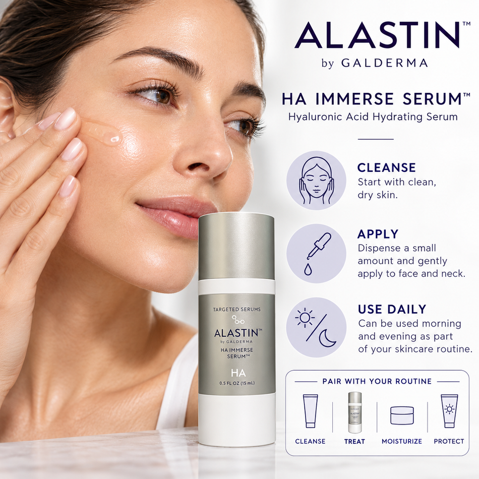 ALASTIN HA IMMERSE Serum 15 mL travel-size hyaluronic acid facial serum with woman applying serum and daily skincare application instructions.