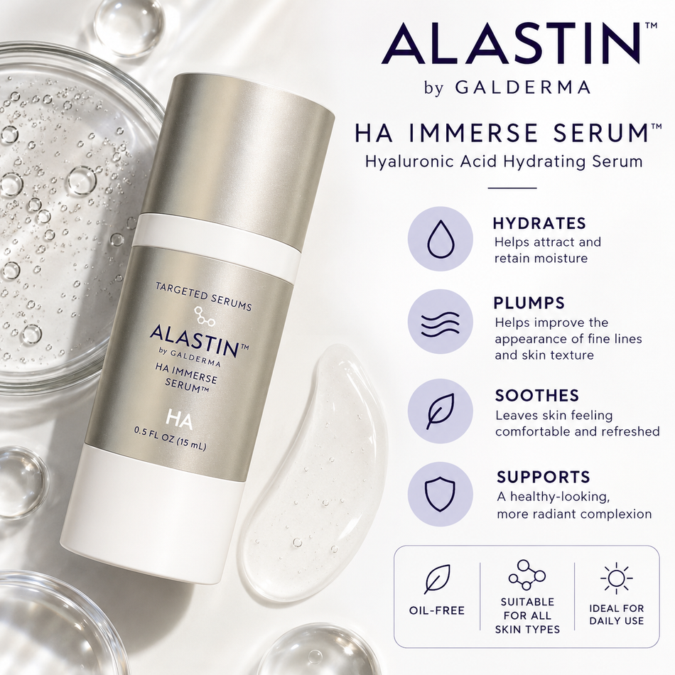 ALASTIN HA IMMERSE Serum 15 mL travel-size hyaluronic acid hydrating facial serum with moisturizing, plumping, and skin radiance benefits infographic.