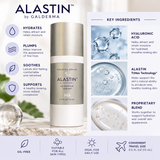 ALASTIN HA IMMERSE Serum 15 mL travel-size hyaluronic acid facial serum infographic highlighting hydration, smoother-looking skin, and daily skincare benefits.