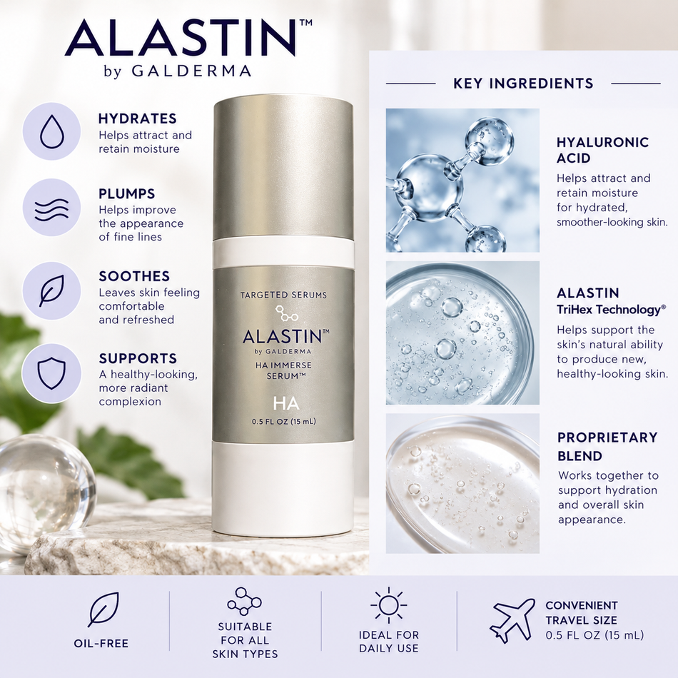 ALASTIN HA IMMERSE Serum 15 mL travel-size hyaluronic acid facial serum infographic highlighting hydration, smoother-looking skin, and daily skincare benefits.