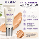 ALASTIN HydraTint Pro Mineral Sunscreen SPF 36 travel size 12 mL infographic highlighting tinted mineral formula, lightweight hydration, broad-spectrum UVA/UVB protection, and 40-minute water resistance.