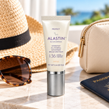 ALASTIN HydraTint Pro Mineral Sunscreen SPF 36 travel-size tinted facial sunscreen 12 mL displayed on a marble surface with a straw hat, sunglasses, cosmetic pouch, and beach travel accessories.