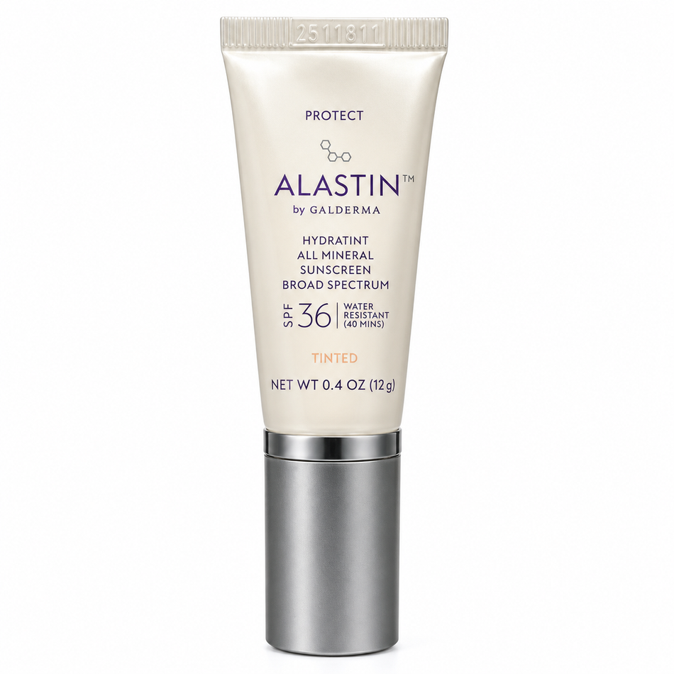 ALASTIN HydraTint Pro Mineral Sunscreen SPF 36 travel size 12 mL tinted facial sunscreen tube with silver cap, front view on a clean white background.
