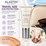 ALASTIN HydraTint Pro Mineral Sunscreen SPF 36 travel-size 12 mL tube with silver cap, tinted formula texture, travel accessories, and portable skincare features.