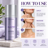 ALASTIN Restorative Neck Complex with TriHex Technology 1.7 oz application infographic showing how to apply and gently massage neck and décolleté skincare cream as part of a morning and evening routine.