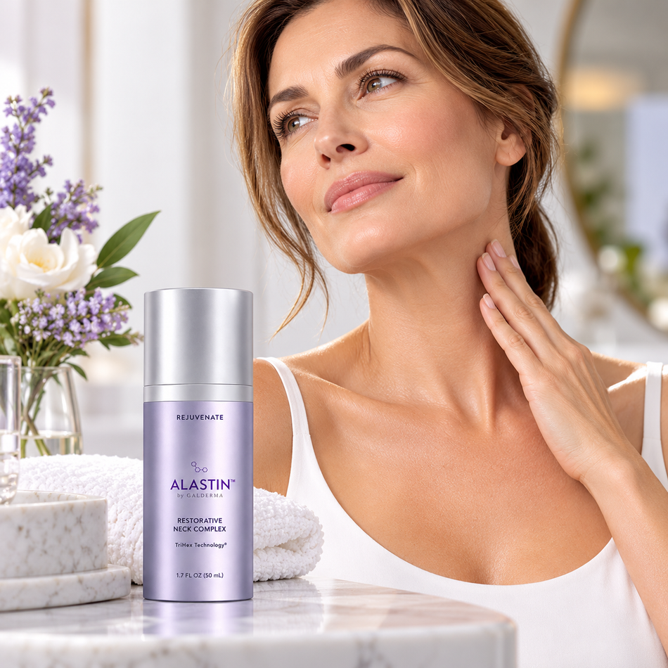ALASTIN Restorative Neck Complex with TriHex Technology 1.7 oz displayed in a luxury skincare setting with a mature woman gently touching her neck, highlighting daily neck and décolleté care.
