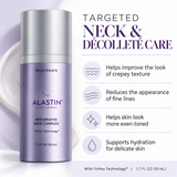 ALASTIN Restorative Neck Complex with TriHex Technology 1.7 oz skincare infographic highlighting smoother-looking neck texture, reduced appearance of fine lines, more even skin tone, and hydration benefits.