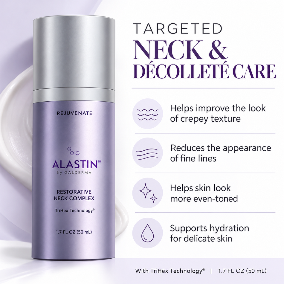 ALASTIN Restorative Neck Complex with TriHex Technology 1.7 oz skincare infographic highlighting smoother-looking neck texture, reduced appearance of fine lines, more even skin tone, and hydration benefits.