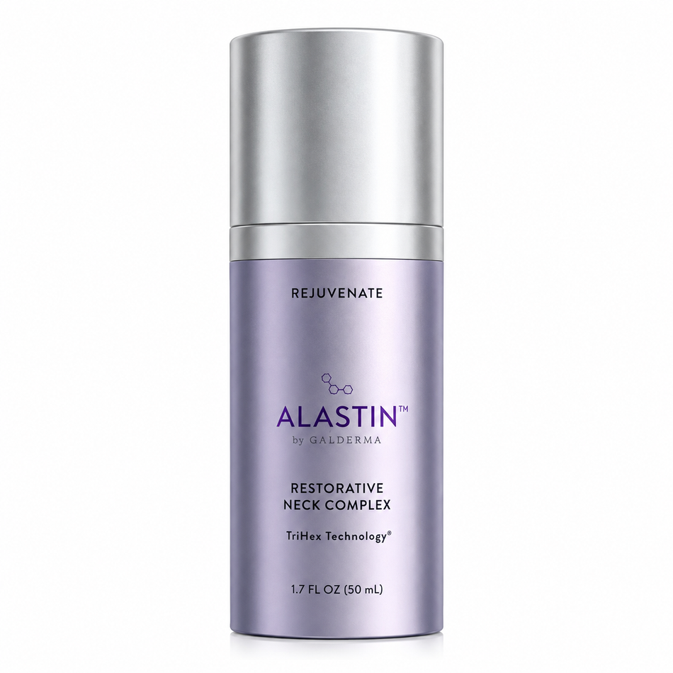 ALASTIN Restorative Neck Complex with TriHex Technology, 1.7 oz (50 mL), purple and silver skincare bottle for neck and décolleté on a white background.