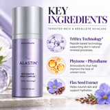 ALASTIN Restorative Neck Complex 1.7 oz key ingredients infographic featuring TriHex Technology peptides, Phytoene and Phytofluene antioxidants, and Flax Seed Extract for neck and décolleté skincare.