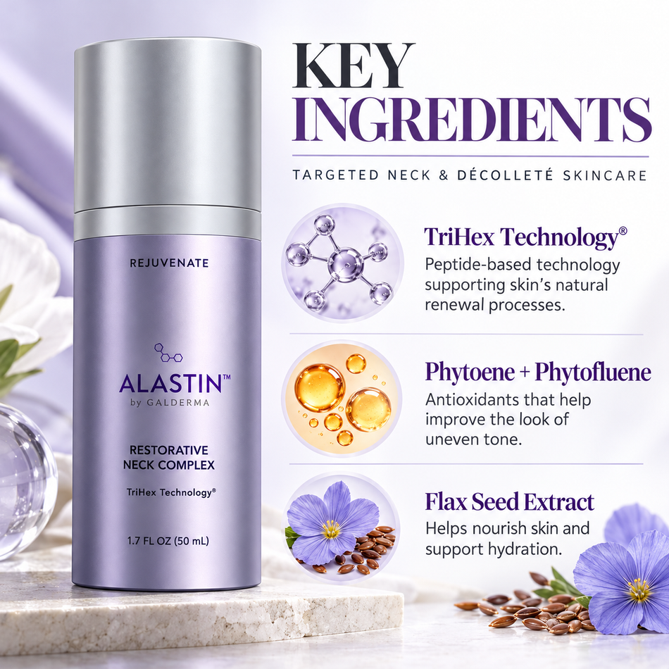 ALASTIN Restorative Neck Complex 1.7 oz key ingredients infographic featuring TriHex Technology peptides, Phytoene and Phytofluene antioxidants, and Flax Seed Extract for neck and décolleté skincare.