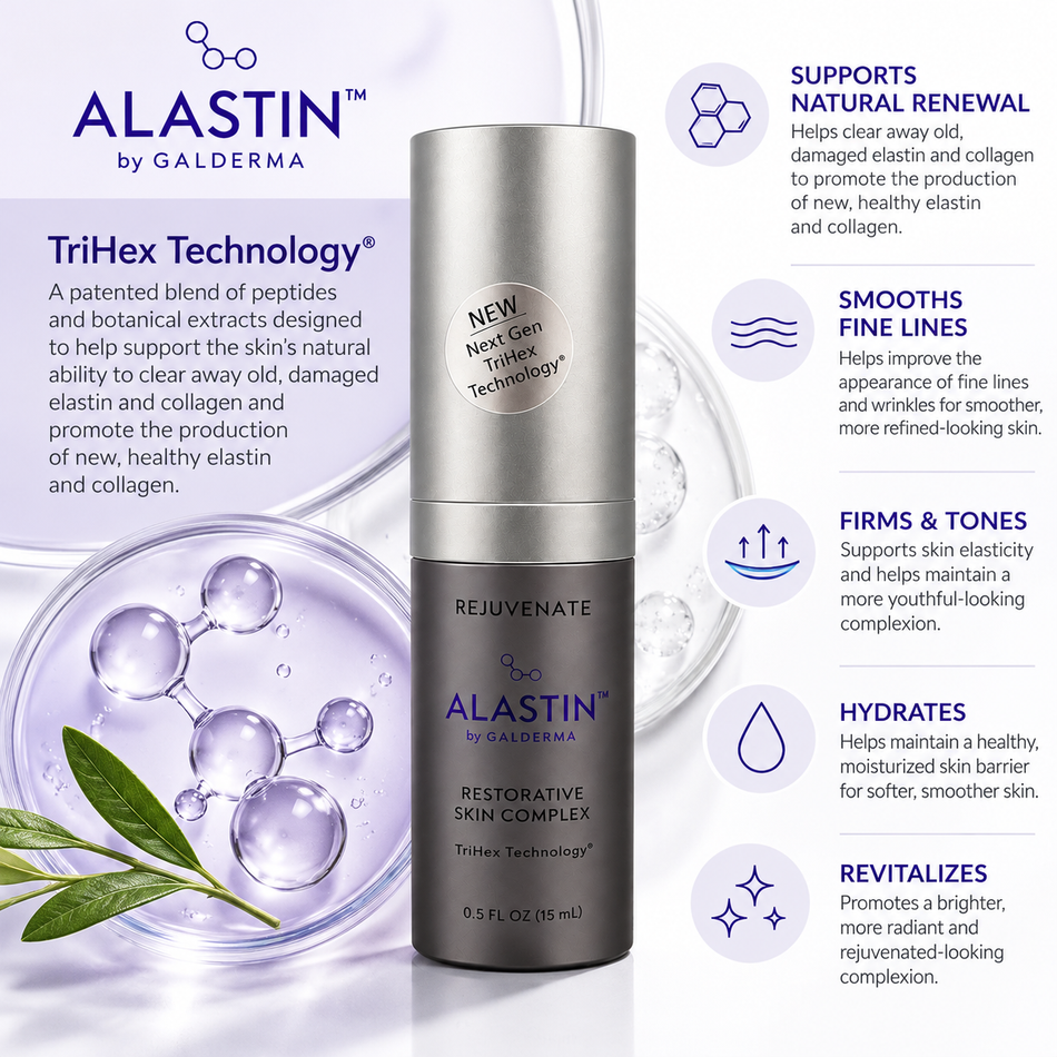 ALASTIN Restorative Skin Complex with TriHex Technology, 0.5 oz travel size, highlighting skincare benefits for fine lines, elasticity, hydration, and radiant-looking skin.