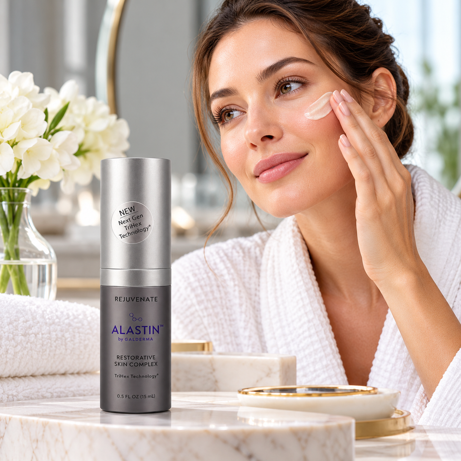 Woman applying facial skincare cream beside ALASTIN Restorative Skin Complex with TriHex Technology, 0.5 oz (15 mL) travel-size bottle, in a luxurious bathroom setting.