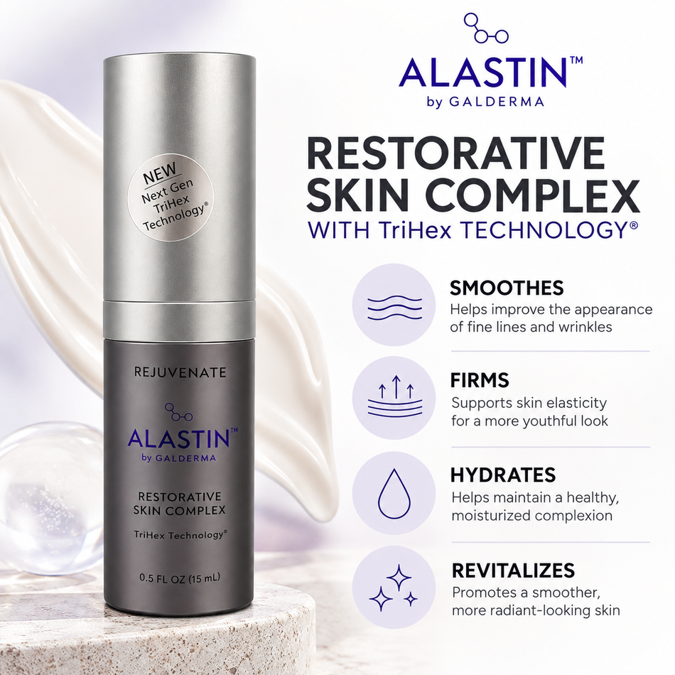 ALASTIN Restorative Skin Complex 0.5 oz travel-size serum featuring TriHex Technology, with an infographic highlighting skin renewal, smoother-looking fine lines, improved firmness, hydration, and radiance.