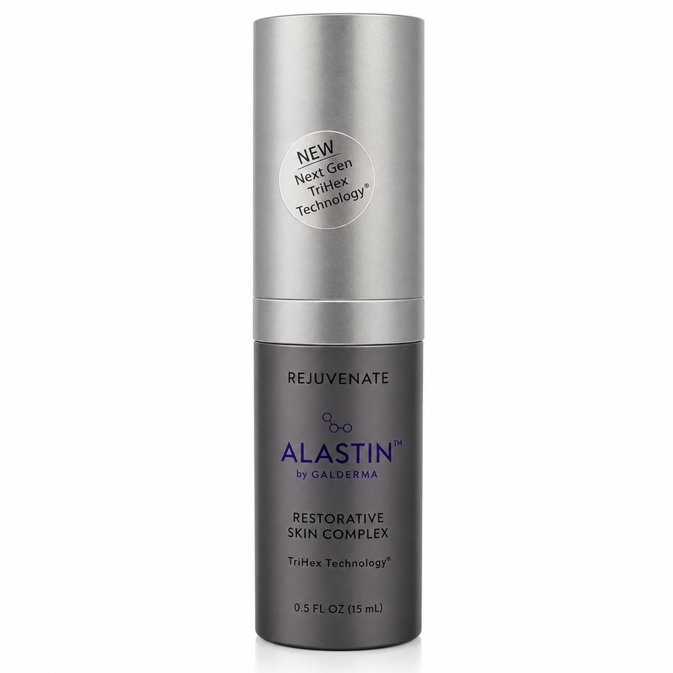 ALASTIN Restorative Skin Complex with TriHex Technology, 0.5 oz (15 mL) travel-size skincare bottle with silver cap and charcoal packaging on a white background.