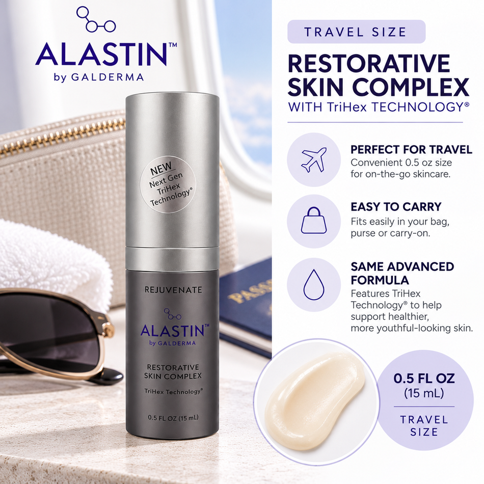 ALASTIN Restorative Skin Complex with TriHex Technology, 0.5 fl oz (15 mL) travel-size skincare bottle displayed with a travel pouch, sunglasses, and skincare essentials.