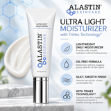 ALASTIN Ultra Light Moisturizer with TriHex Technology, 2 oz, daily skincare routine infographic showing morning and evening application steps, lightweight hydration, oil-free moisturizing, and sunscreen protection.