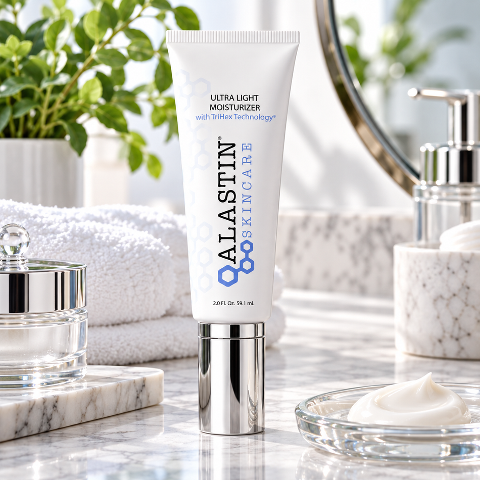 ALASTIN Ultra Light Moisturizer with TriHex Technology, 2 oz, displayed on an elegant marble bathroom vanity with a white towel, skincare accessories, greenery, and moisturizer cream in a luxury skincare setting.
