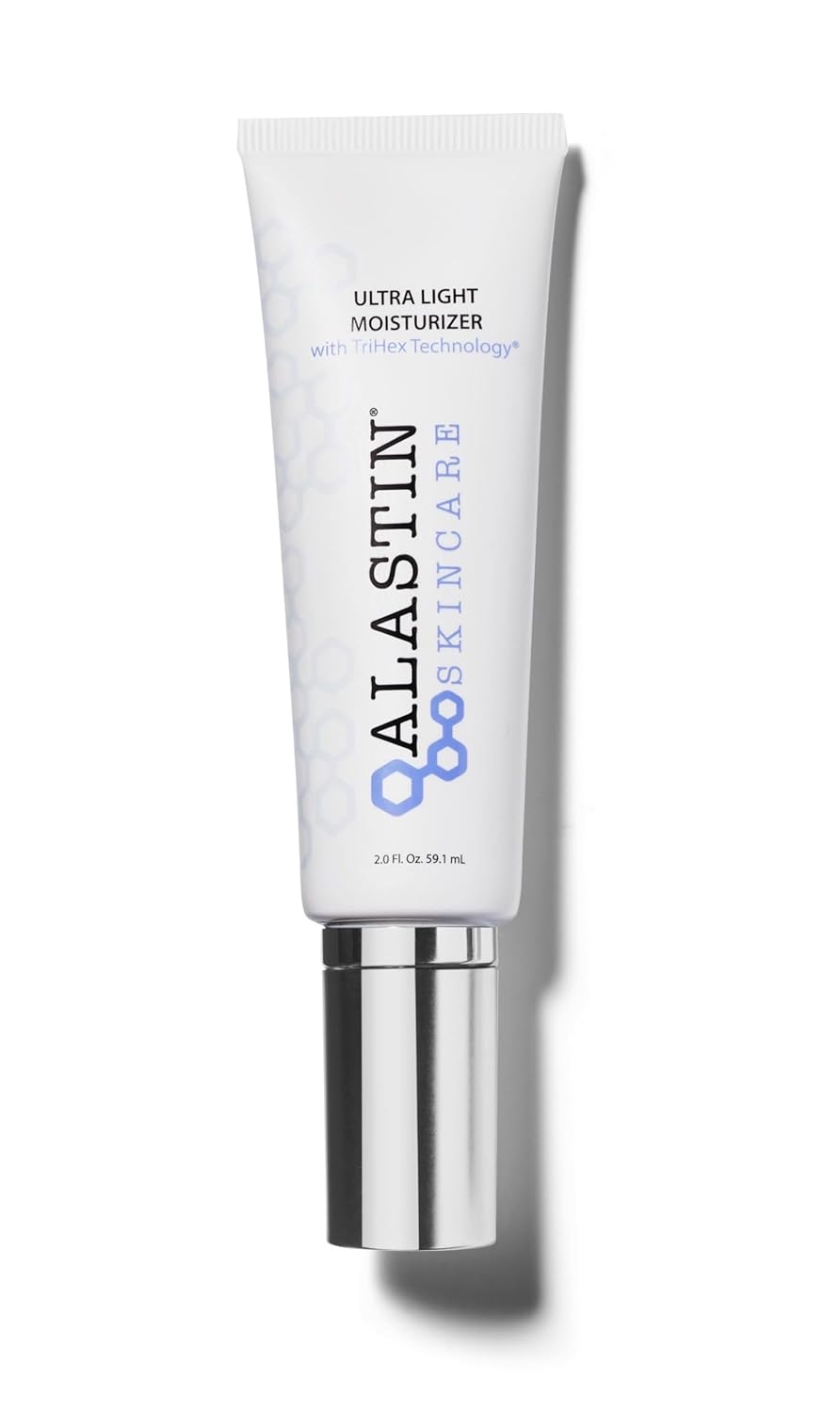 ALASTIN Skincare Ultra Light Moisturizer with TriHex Technology, 2 oz oil-free facial moisturizer in white tube with silver pump, front product view on white background.