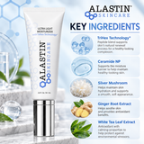 ALASTIN Ultra Light Moisturizer with TriHex Technology, 2 oz, key ingredients infographic featuring peptides, Ceramide NP, silver mushroom, ginger root extract, and white tea leaf extract for skin hydration and barrier support.