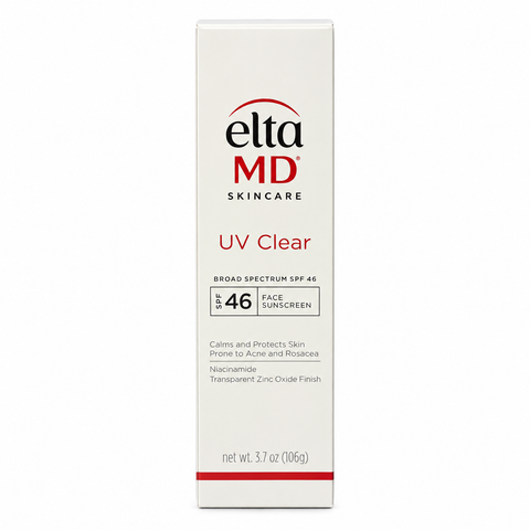 EltaMD UV Clear Broad Spectrum SPF 46 Face Sunscreen, 3.7 oz (106 g), untinted facial sunscreen with niacinamide and zinc oxide, shown in original retail packaging on a white background.