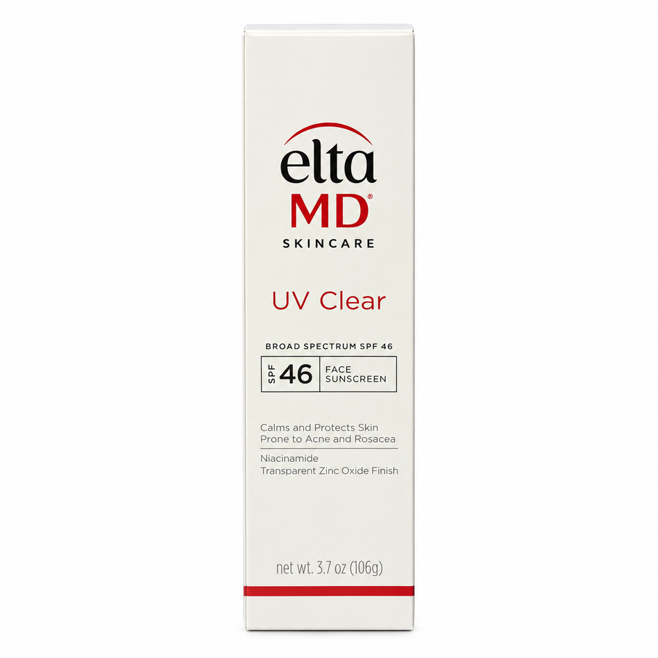 EltaMD UV Clear Broad Spectrum SPF 46 Face Sunscreen, 3.7 oz (106 g), untinted facial sunscreen with niacinamide and zinc oxide, shown in original retail packaging on a white background.