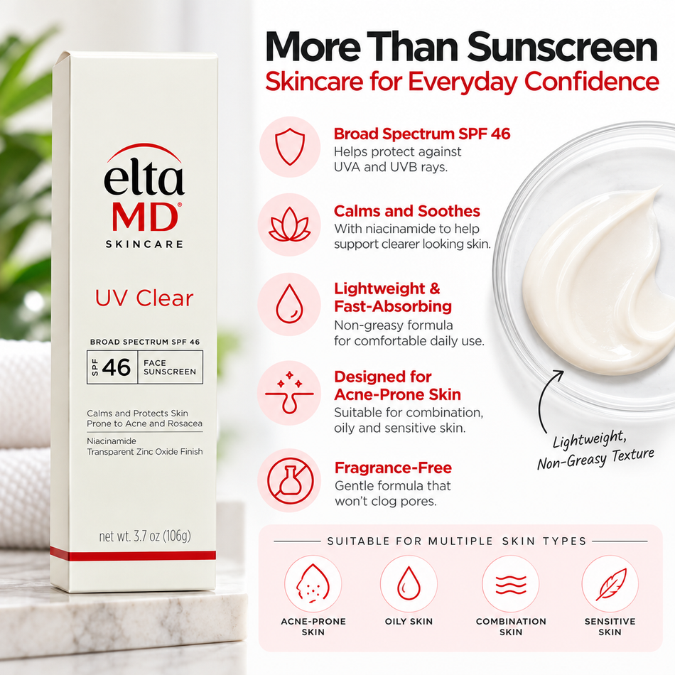 Woman applying EltaMD UV Clear Broad Spectrum SPF 46 facial sunscreen during her daily skincare routine, featuring 3.7 oz packaging, niacinamide, lightweight texture, and UVA/UVB sun protection.