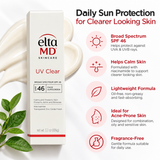 EltaMD UV Clear Broad Spectrum SPF 46 3.7 oz facial sunscreen benefits infographic highlighting UVA and UVB protection, niacinamide, lightweight oil-free formula, fragrance-free skincare, and suitability for acne-prone skin.