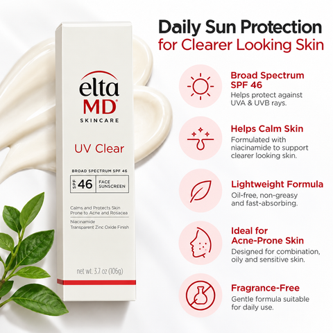 EltaMD UV Clear Broad Spectrum SPF 46 3.7 oz facial sunscreen benefits infographic highlighting UVA and UVB protection, niacinamide, lightweight oil-free formula, fragrance-free skincare, and suitability for acne-prone skin.