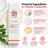 EltaMD UV Clear Broad Spectrum SPF 46 3.7 oz sunscreen ingredients infographic featuring 9% zinc oxide, 7.5% octinoxate, and 5% niacinamide, with lightweight, oil-free, fragrance-free formula details.