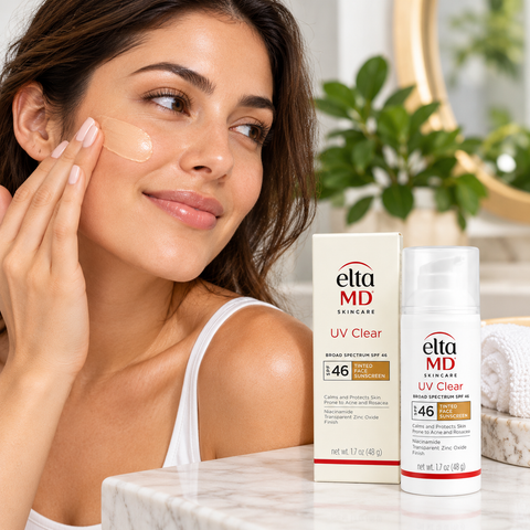 Woman applying EltaMD UV Clear Tinted Broad Spectrum SPF 46 facial sunscreen during her daily skincare routine, with 1.7 oz sunscreen packaging displayed on a bathroom vanity.