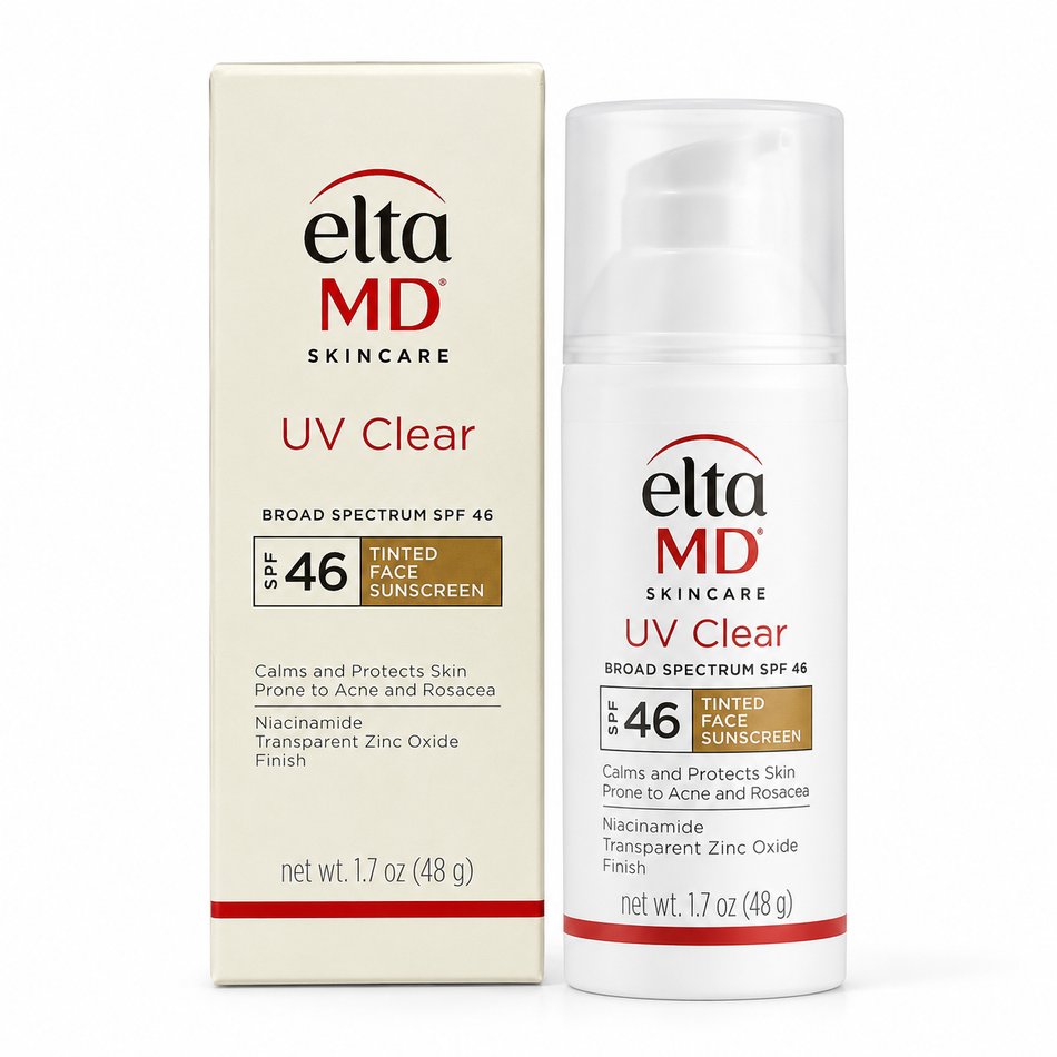 EltaMD UV Clear Tinted Broad Spectrum SPF 46 Face Sunscreen, 1.7 oz (48 g), featuring original packaging and a lightweight tinted facial sunscreen formula.