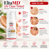 EltaMD UV Clear Tinted Broad Spectrum SPF 46 facial sunscreen, 1.7 oz, infographic showing how to apply, blend, and reapply sunscreen, with lightweight, oil-free, and sheer-tint features.