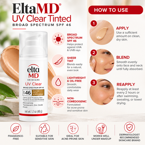 EltaMD UV Clear Tinted Broad Spectrum SPF 46 facial sunscreen, 1.7 oz, infographic showing how to apply, blend, and reapply sunscreen, with lightweight, oil-free, and sheer-tint features.