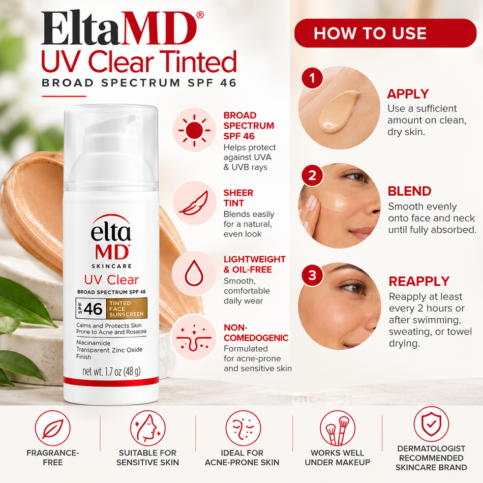 EltaMD UV Clear Tinted Broad Spectrum SPF 46 facial sunscreen, 1.7 oz, infographic showing how to apply, blend, and reapply sunscreen, with lightweight, oil-free, and sheer-tint features.
