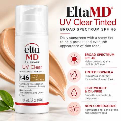 EltaMD UV Clear Tinted SPF 46 facial sunscreen, 1.7 oz, featuring broad-spectrum UVA and UVB protection, sheer tint, lightweight oil-free formula, and non-comedogenic skincare benefits.